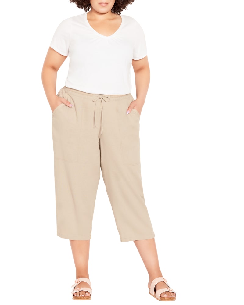 Front of a model wearing a size 26 Sydney Cropped Linen Pant in Stone by Evans. | dia_product_style_image_id:294558